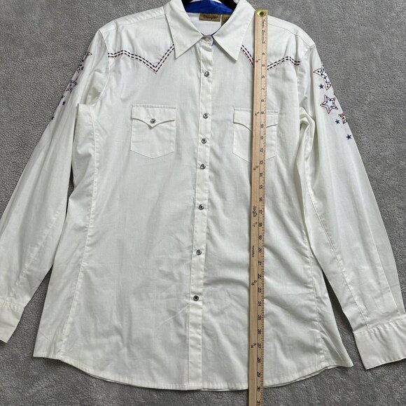 NWT Wrangler Women's Rhinestone Snap USA Stars Top Size XL White Red Blue - Picture 8 of 10